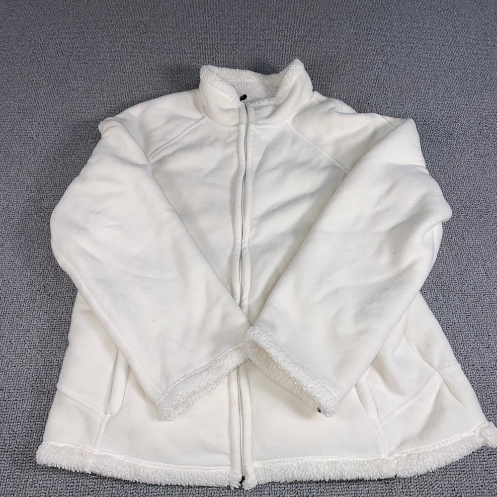 Green Tea Fleece Jacket Women Large Ivory Full Zip Faux Fur Lined Mock Neck Warm